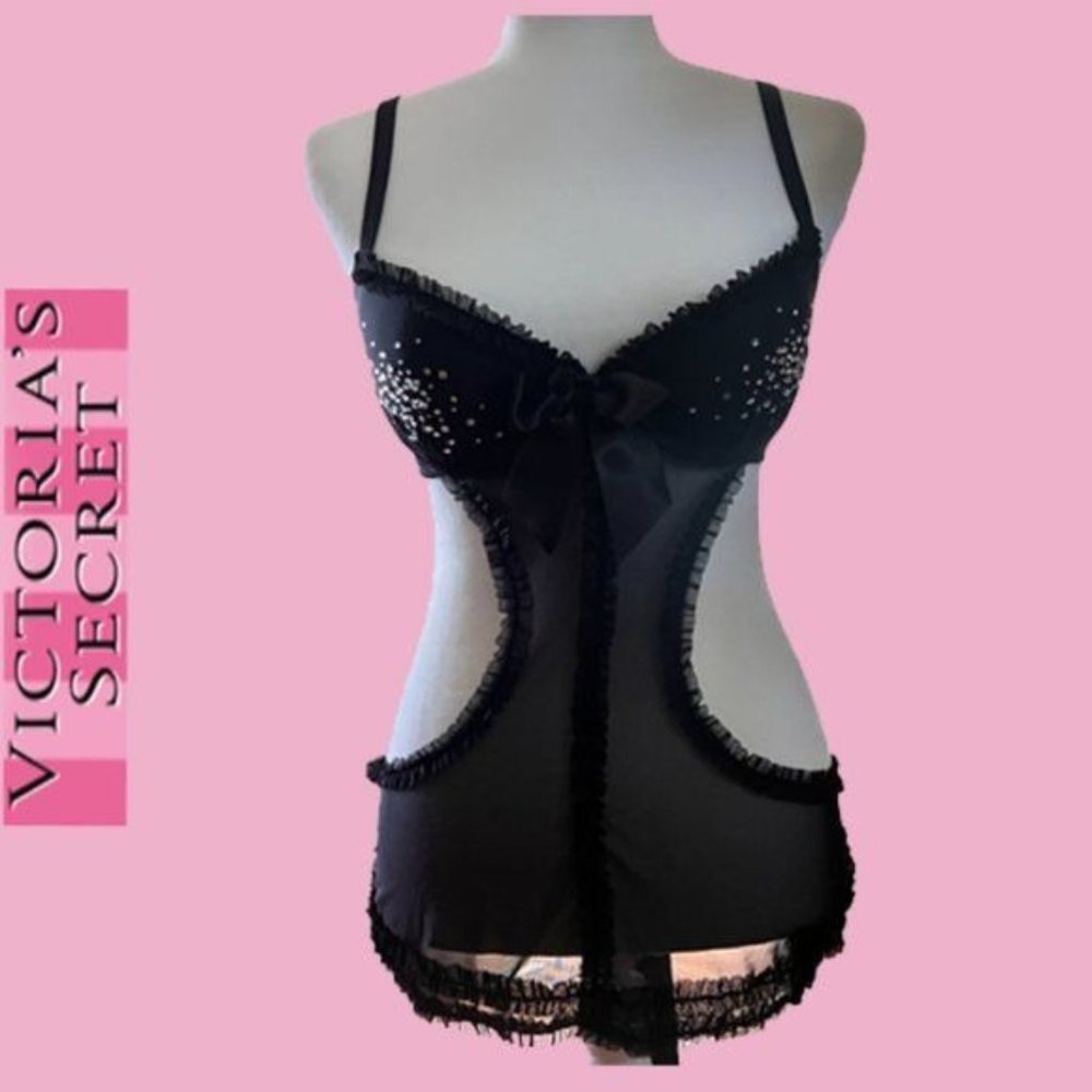 Victoria’s Secret BUSTIER FRENCH MAID Babydoll Backless Apron Rhinestone Teddy